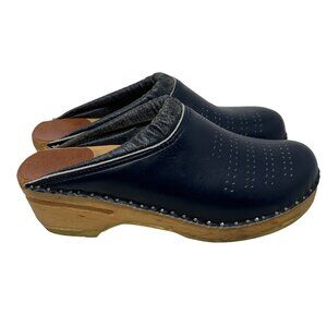 Bastad Clogs Size 40 Navy Blue Leather Mules Perforated Wood Block Heel Slip On